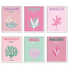 four different types of posters with the names of countries in pink, green and blue