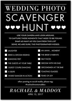 the wedding photo scavenger hunt is displayed on a gray and white sign with hearts