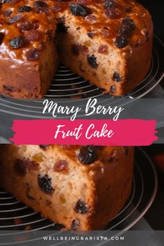 two pictures of a cake with fruit on top and the words mary berry fruit cake above it