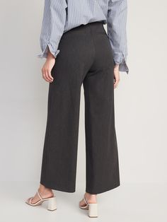 elasticized waistband diagonal front pockets faux-welt back pockets sits at belly button loose hip and thigh hits below ankle 30" regular inseam 28" petite inseam 34" tall inseam models are approx.  5'9" and wear sizes s (4), l (12), and xl (18) Business Casual Wide Leg Pull-on Bottoms, Non-stretch Work Pants For Business Casual, Non-stretch Trousers For Business Casual, Relaxed Fit High-waisted Dress Pants With Elastic Waistband, High-waisted Relaxed Fit Dress Pants With Elastic Waistband, Fall Mid-rise Wide Leg Pants With Welt Pockets, Fall Wide Leg Mid-rise Pants With Welt Pockets, Chic Wide Leg Bottoms With Comfort Waistband, Non-stretch Straight Leg Dress Pants With Elastic Waistband