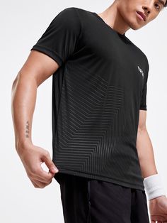 Preto  Collar Manga Curta Poliéster Letra  Embellished Elasticidade Média  Roupa de Desporto Shirt Photoshoot, Allen Solly, Sports Attire, Athleisure Men, Sports Tee, Men Sport, Save Video, Gym Shirt, Sports Tees