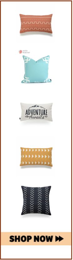 four pillows with the words adventure on them and an arrow pointing to each other in different colors