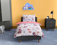 a child's bedroom with yellow walls, blue carpet and grey furniture in it