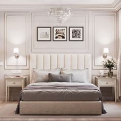 a bedroom with a bed, nightstands and two pictures on the wall above it