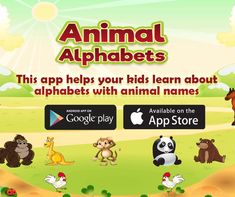 an animal alphabets game with animals on the screen and in the background, there is a