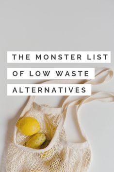 the monster list of low waste alternatives is on display in this white canvas bag