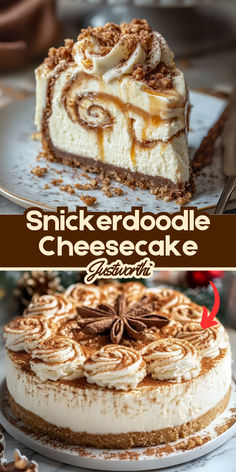 there is a cake with cinnamon swirl on it and the words snickkerdoodle cheesecake below