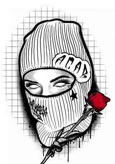 a drawing of a person wearing a mask and holding a rose in their hand with the word mia on it