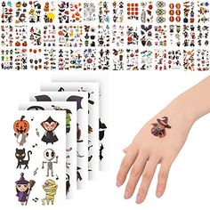 halloween temporary tattoos on the wrist and hand, with various designs for children to choose from