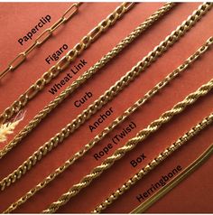 18K Gold Filled Chain Rope Chain,Figaro Chain,Curb Chain,Herringbone Chain,Paperclip Chain,Twist Chain, Box Chain,Gift For Her,Gift For Him,,Christmas Gift -THIS Chain... -Not Tarnish -hypoallergenic -Rust or turn your skin green -Safe to wear in water -this chain &is more durable than other materials commonly used such as silver and gold Chain Details PAPERCLIP CHAIN=18KGOLD+STAINLESS STEEL(4MM) HERRINGBONE CHAIN:18KGOLD+STAINLESS STEEL(2-3-4MM) TWIST CHAIN:18KGOLD+STAINLESS STEEL(2-3MM) ROPE C Types Of Jewelry Chains, Types Of Chains Jewelry, Box Cadeau, Chunky Gold Chain, Gold Snake Chain, Herringbone Chain, Gold Rope Chains, Letter Pendant Necklace, Gold Chains For Men