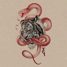 a drawing of a tiger with a snake on it's back