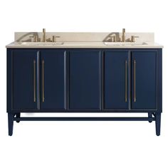 a double sink vanity with two gold faucets on the top and blue cabinets