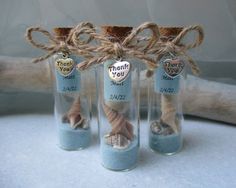 three glass bottles filled with sand and seashells