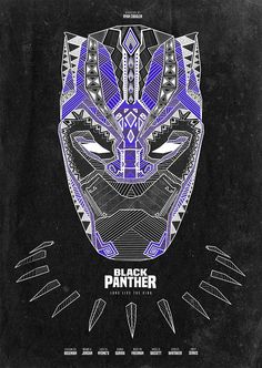 the black panther movie poster is shown in blue and purple colors on a black background