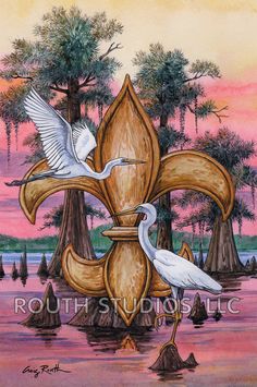 a painting of two white birds on a fleur de lis with trees in the background