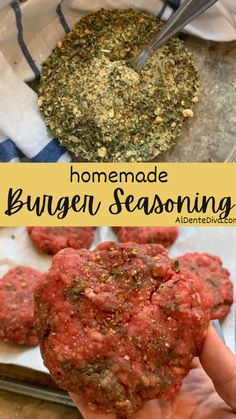 the homemade burger seasoning is being held up in front of some hamburger patties