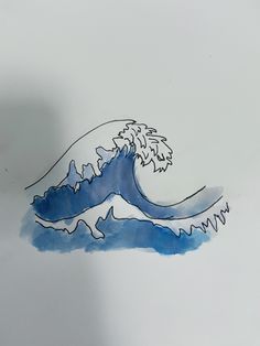 a drawing of a blue wave on a white paper with watercolor pen and ink