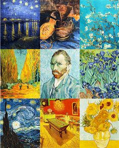 a collage of van gogh paintings with flowers in vases