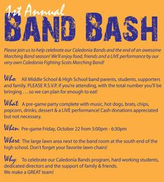 a poster with the words band bash written in blue on an orange background and text