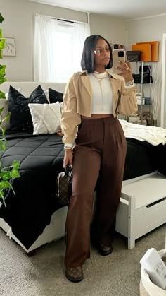 Burgundy And Black Outfit Classy, Classy Earth Tone Outfits, Brown Casual Outfits For Black Women, Black Women Formal Outfits, Neutral Tones Aesthetic Outfits, Black Woman Outfits Classy, 21 Yr Old Outfits, Professional Streetwear Women, Work Outfits Black Women Casual