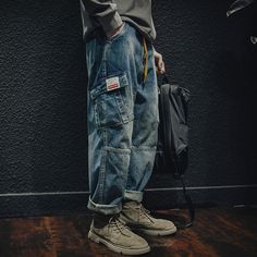 Denim Cargo Jeans, Baggy Fashion, Fashion Trousers, Straight Cut Pants, Mid Waist Pants, Pants Baggy, Denim Cargo, Overalls Pants, Winter Color