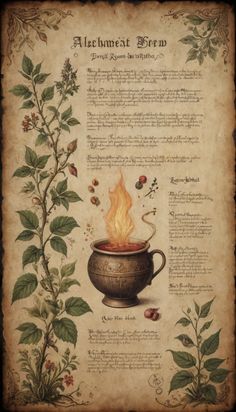 the alchemeat brew poster is shown with an illustration of a pot filled with fire