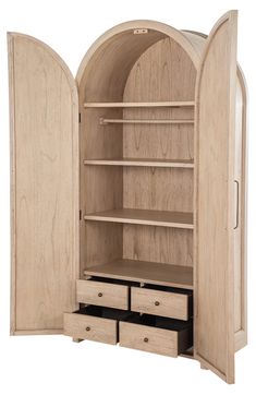 an open wooden cabinet with drawers and shelves