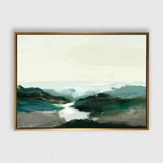 a painting hanging on the wall above a white wall with a wooden frame and an abstract landscape