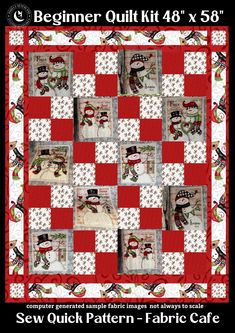 a red and white quilt with snowmen on it