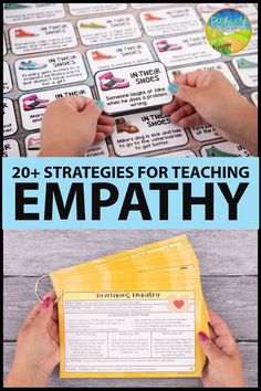 two hands holding papers with the words, 20 strategies for teaching empathty