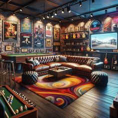 Immerse in a quirky man cave with a massive leather couch, flat-screen TV, classic bar, arcade games, pool table, music corner, and poker table. Elaborate neon lights create a relaxed ambiance. #ManCave #HomeBar #ArcadeGames #PoolTable #MusicLovers #GameRoom Home Bar And Lounge, Retro Man Cave, Home Pool Table Room, Man Cave Lighting Ideas, Basement Arcade, Bar Room Design, Garage Man Cave Ideas, Man Cave Table, Bar Arcade