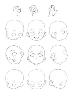 the steps to draw an infant's head in different positions, including hands and fingers