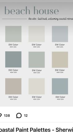 the beach house paint palette is shown in shades of gray, white and greys