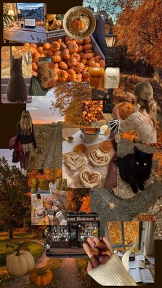 a collage of photos with pumpkins and other things