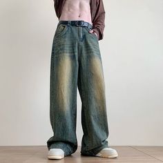 Wiaofellas - Distressed Vintage Blue Jeans Pants Men Wide-leg Denim Trousers Male Oversize Streetwear Fashion Casual Baggy Straight Jeans Streetwear Fashion Casual, Baggy Straight Jeans, Blue Pants Men, Wide Leg Pants Jeans, Streetwear Essentials, Oversized Streetwear, Trendy Streetwear, Jeans Fabric, Trendy Street Style