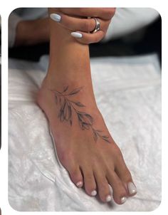 two pictures one showing a woman's foot and the other shows a leaf tattoo on her left foot