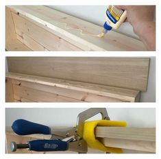 three pictures showing how to build a shelf with plywood and glue