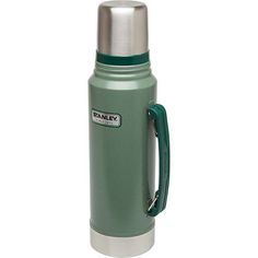 thermos bottle with handle is green and has a metal cap on it's side