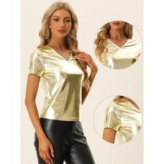 This women's metallic tee from Allegra K is a stylish top with a v-neck design. It is perfect for parties or clubs. It's a short-sleeved top in shiny top-quality metallic fabric. This is a regular-fit top that is very comfortable to wear. This is a very fashionable top when you wear it at a party. It will be very dazzling, and it will help you attract a lot of attention. Glamorous V-neck Top For Night Out, Glamorous V-neck Top For Parties, Fitted V-neck Blouse For Club, Trendy Metallic Tops For Party, Chic V-neck T-shirt For Night Out, Shiny Top For Club And Party Season, Shiny Tops For Night Out Party Season, Trendy V-neck Party Tops, Trendy Shiny Top For Party Season