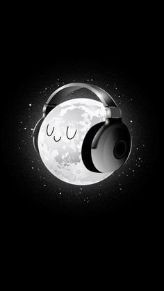 a black and white photo with the moon in the background, which has a pair of headphones hanging from it's ear