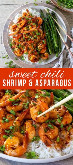 shrimp and asparagus stir - fry on rice with chopsticks