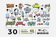 an image of graffiti font and numbers on a white background with the text 30 grafitti illustrations