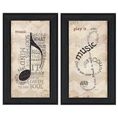 two framed art pieces with music related words on the front and back of each piece