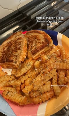 there is a plate with some food on it and the words buffalo chicken grilled cheese / garlic bread fries