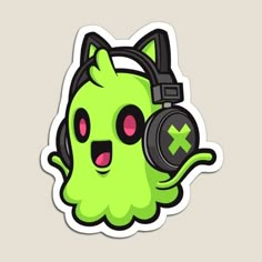 a cartoon character with headphones and a green cat sticker on the back of it