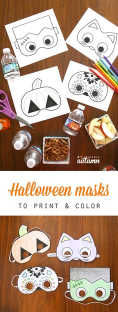 halloween masks to print and color on a wooden table with paper cut outs, scissors, pencils and other crafting supplies