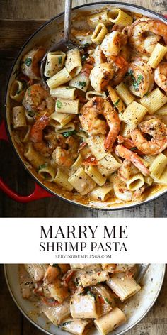 the shrimp pasta is ready to be eaten in the skillet and served on the table