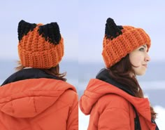 two pictures of a woman wearing an orange hat with black cats on it