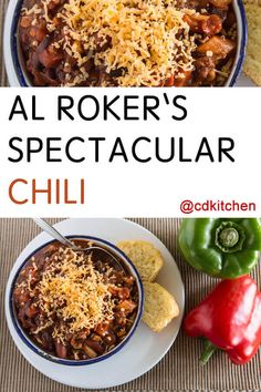 a bowl of chili with cheese on top and the words al roker's spectacular chili above it