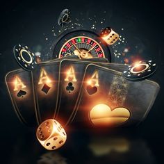 a casino rouleet with playing cards and dices on the black background 3d illustration